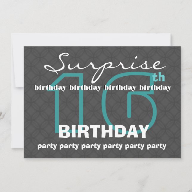 16th SURPRISE Birthday Modern Teal Charcoal W481 Invitation (Front)