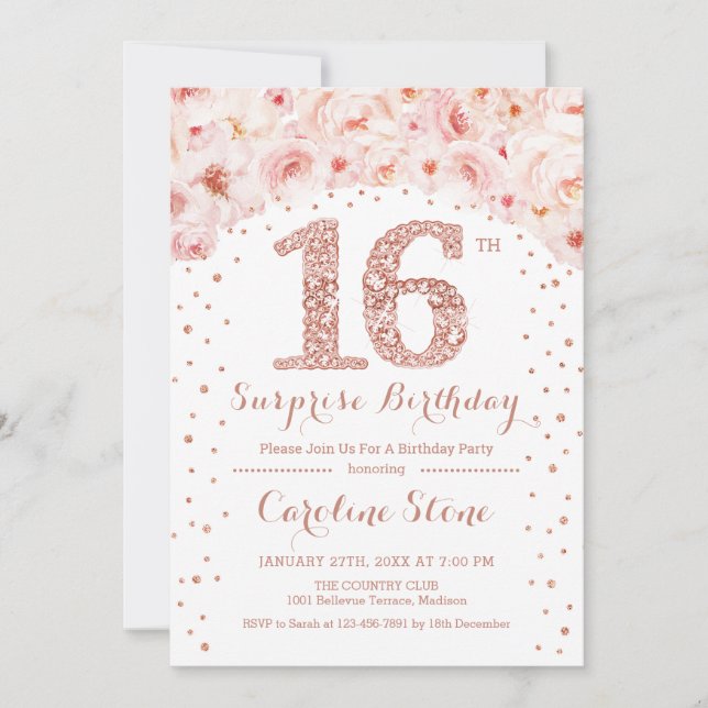 16th Surprise Birthday Party - White Rose Gold Invitation (Front)