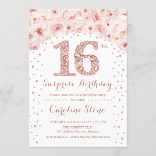 16th Surprise Birthday Party - White Rose Gold Invitation