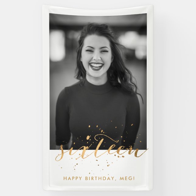16th Sweet Sixteen Birthday Photo Gold Confetti Banner (Vertical)