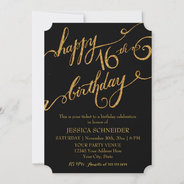 16th Sweet Sixteen Sixteenth Birthday Party Ticket Invitation (Front)