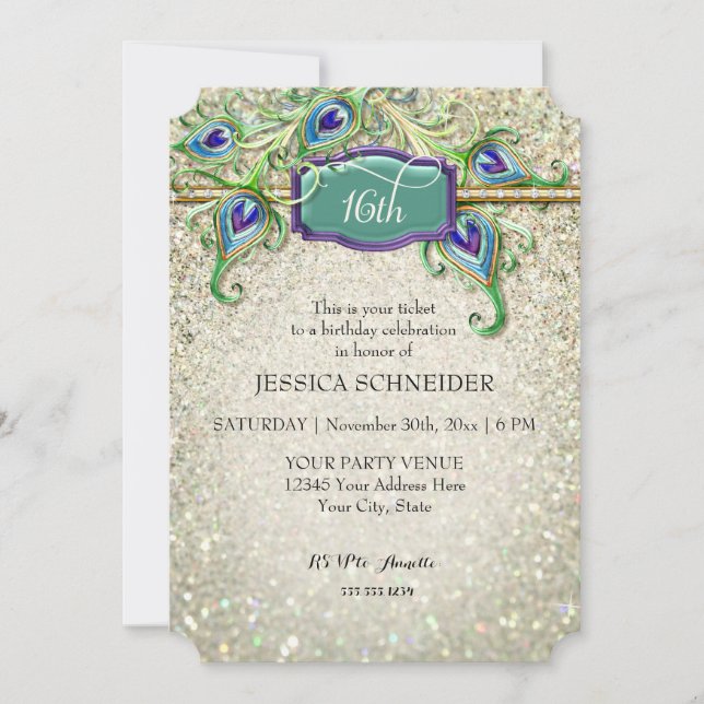 16th Sweet Sixteenth Birthday Peacock Feather Invitation (Front)