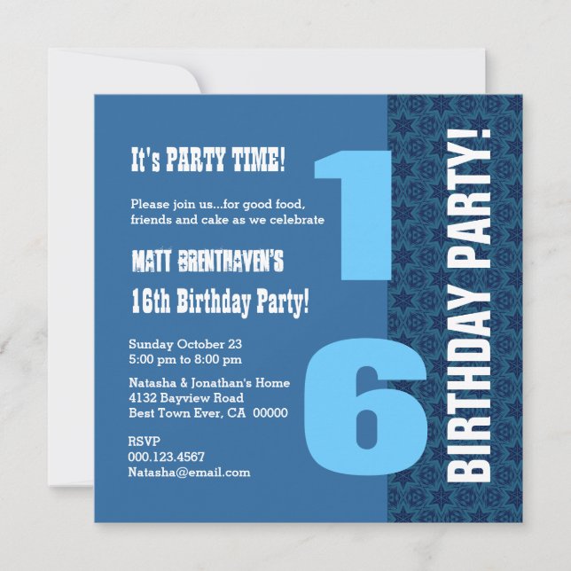 16th TEEN Birthday Modern Navy Blue Stars T7C Invitation (Front)