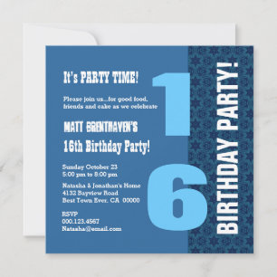 16th TEEN Birthday Modern Navy Blue Stars T7C Invitation