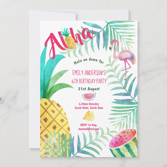 16th Tropical Pineapple Birthday Invites Flamingo (Front)