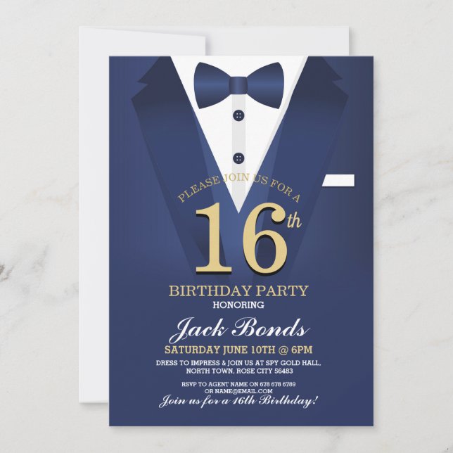 16th Tuxedo Black Tie Birthday Party Suit Navy Invitation (Front)