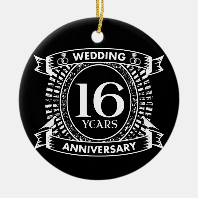 16TH wedding anniversary black and white Ceramic Tree Decoration (Front)