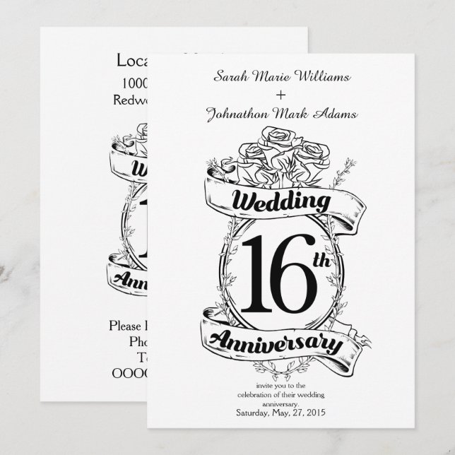 16th Wedding Anniversary Black and White Roses Invitation (Front/Back)