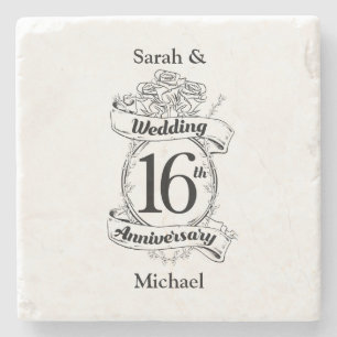 16th Wedding Anniversary Black and White Roses Stone Coaster
