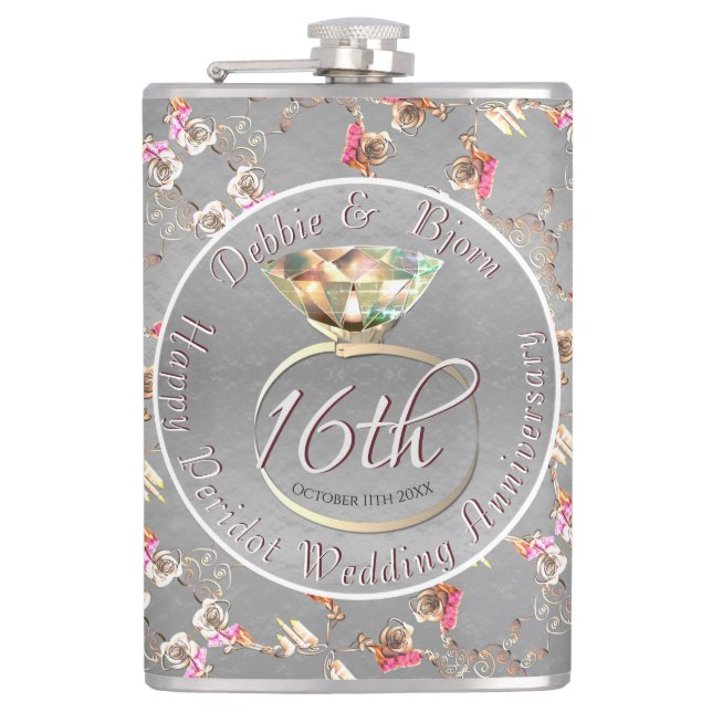 16th Wedding Anniversary Peridot, Wax, & Statice Hip Flask (Front)
