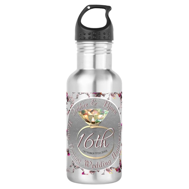16th Wedding Anniversary Wax, Statice, & Peridot  532 Ml Water Bottle (Front)