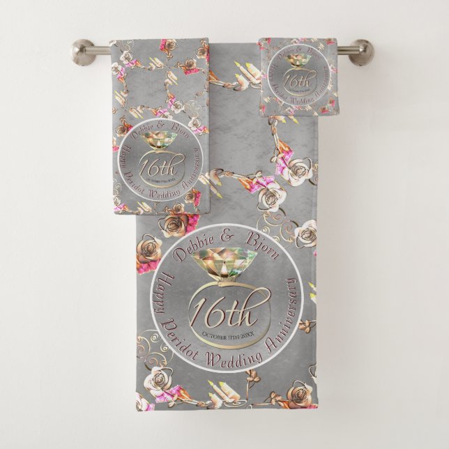 16th Wedding Anniversary Wax, Statice, &Peridot Em Bath Towel Set (Insitu)