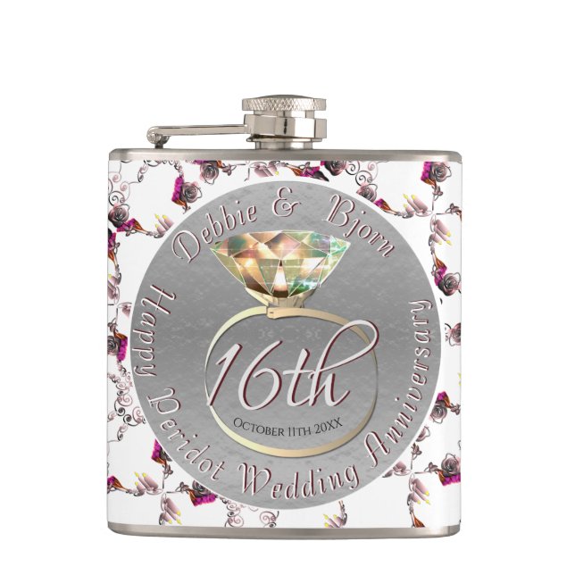 16th Wedding Anniversary Wax, Statice, & Peridot   Hip Flask (Front)