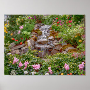 16x12 Flowing Waterfall with spring flowers Poster