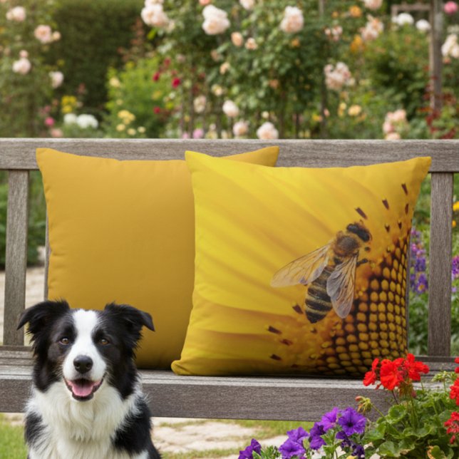 16x16 Yellow Sunflower and Bee Outdoor Pillow (Yellow outdoor pillow for beekeepers and bee lovers.)