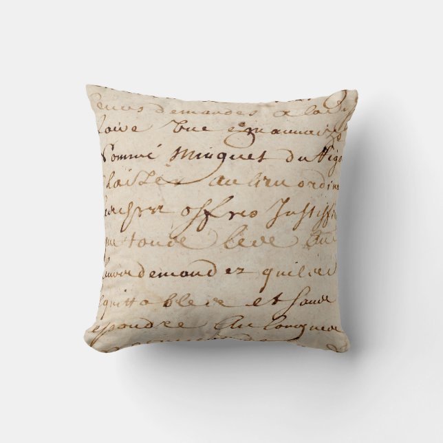 1700s Vintage French Script Grunge Parchment Paper Cushion (Front)