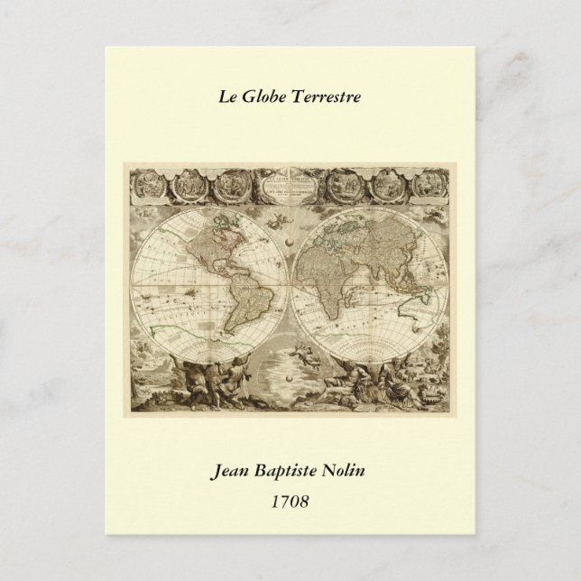 1708 World Map by Jean Baptiste Nolin Postcard (Front)