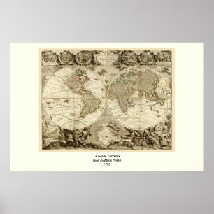 1708 World Map by Jean Baptiste Nolin Poster