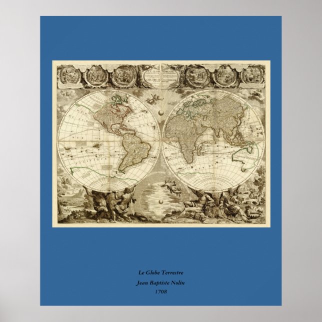 1708 World Map by Jean Baptiste Nolin Poster (Front)