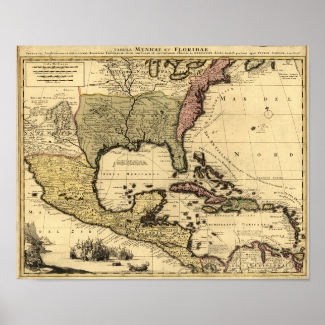 1710 Map of Mexico, Caribbean and North America Poster (Front)