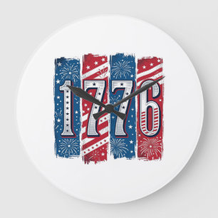 1776 Patriotic Fireworks Vintage Vector Design_1 Large Clock