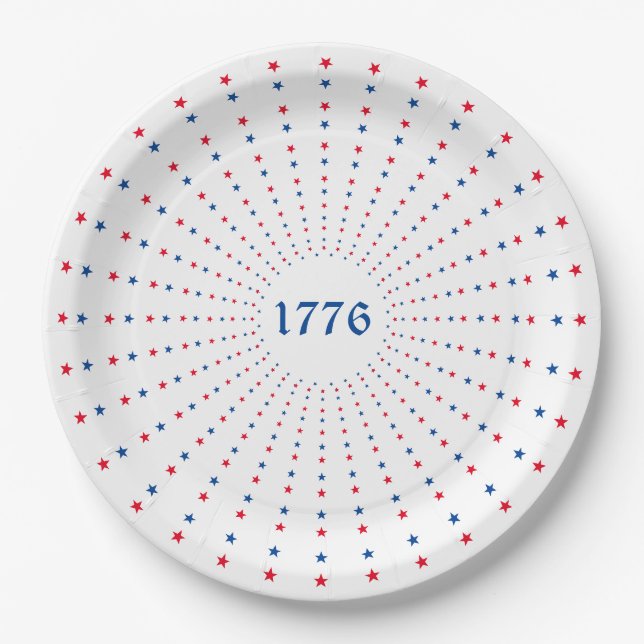 1776 red white blue stars fireworks patriotic paper plate (Front)