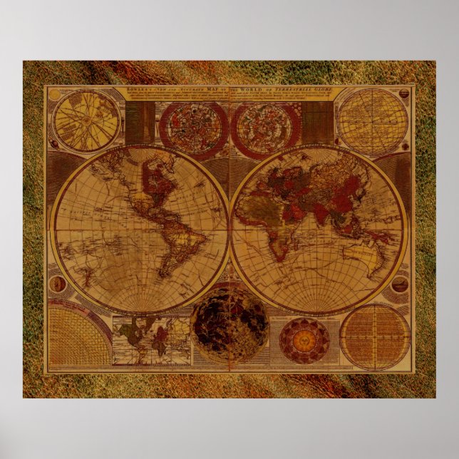 1780 Old World Map Art with Leather-effect border Poster (Front)