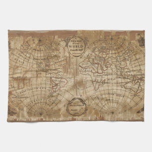 1783 Vintage Antique World Map with Embroidery Tea Towel