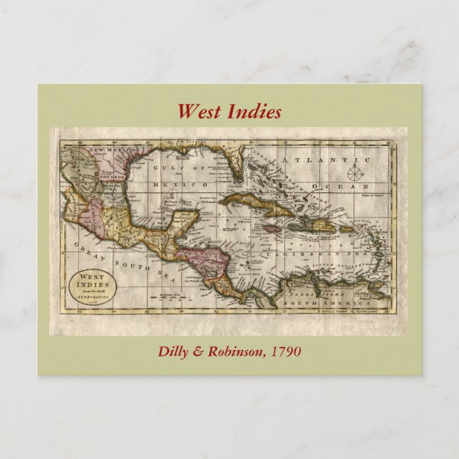 1790 Map of The West Indies by Dilly and Robinson Postcard (Front)