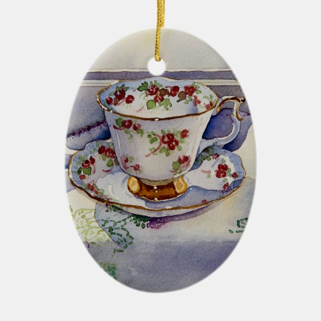 1799 Teacup on Linen Ceramic Tree Decoration (Front)