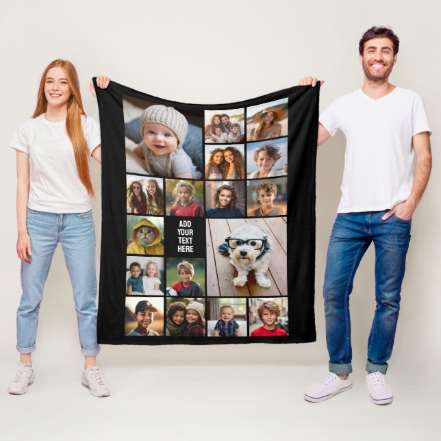 17 Photo Collage and Text - Can Edit Black Fleece Blanket (In Situ)