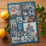 17 Photo Collage and Text - Can Edit Blue Tea Towel<br><div class="desc">A design with a basic dark blue background. Use up to 17 square photos to create a unique and personal gift. If you need to adjust the pictures,  click on the customise tool to make changes.</div>