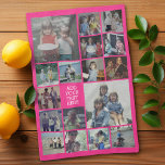 17 Photo Collage and Text - Can Edit Hot Pink Tea Towel<br><div class="desc">A design with a basic hot pink background. Use up to 17 square photos to create a unique and personal gift. If you need to adjust the pictures,  click on the customise tool to make changes.</div>