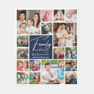 17 Photo Collage Family Name Quote Blue And White Fleece Blanket