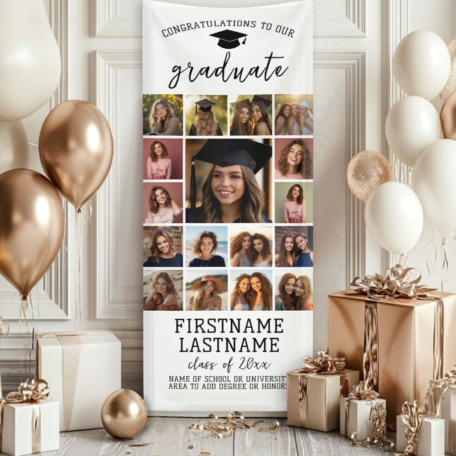 17 Photo Collage Graduation Modern Minimal White Banner (Custom Graduation Banner)