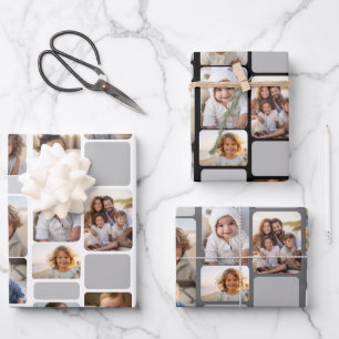 17 Photo Collage with Mod Pattern - Grey Shades Wrapping Paper Sheet