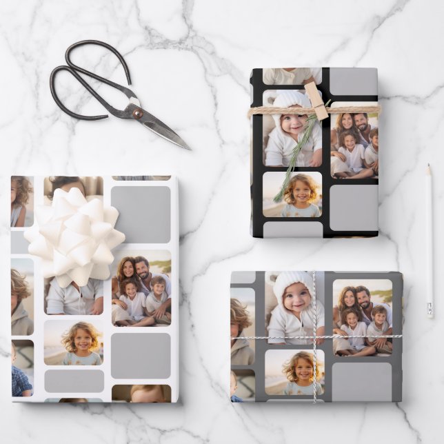 17 Photo Collage with Mod Pattern - Grey Shades Wrapping Paper Sheet (Front)