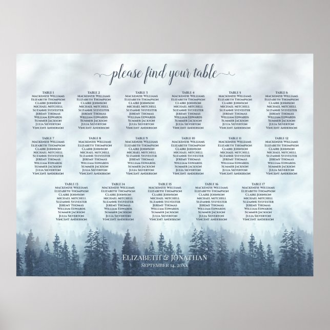 17 Table Blue Pine Forest Wedding Seating Chart (Front)