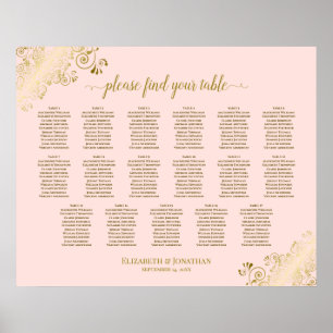17 Table Blush Pink & Gold Wedding Seating Chart
