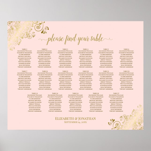 17 Table Blush Pink & Gold Wedding Seating Chart (Front)