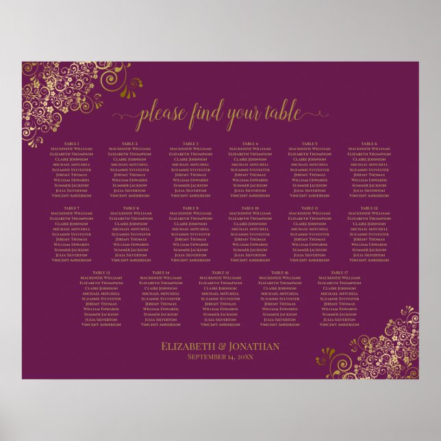 17 Table Cassis Purple Gold Wedding Seating Chart (Front)