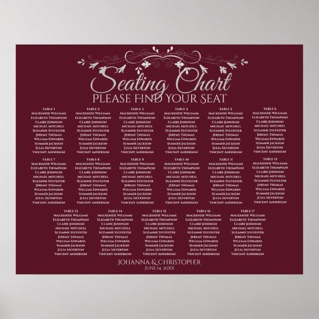 17 Table Elegant Burgundy Wedding Seating Chart (Front)