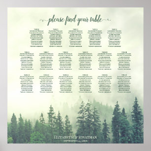 17 Table Green Pine Forest Wedding Seating Chart