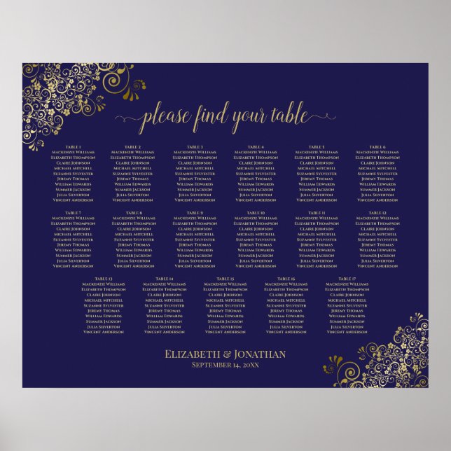 17 Table Lacy Gold Navy Blue Wedding Seating Chart (Front)