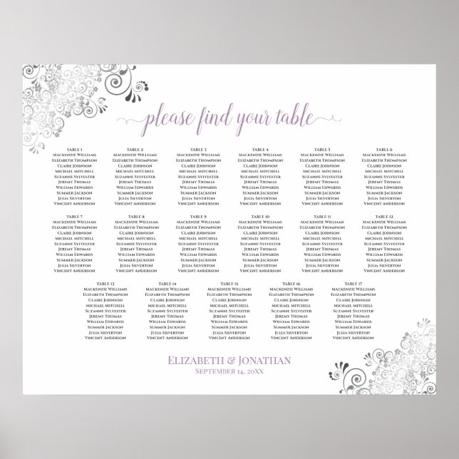 17 Table Lacy White Wedding Seating Chart Lavender (Front)