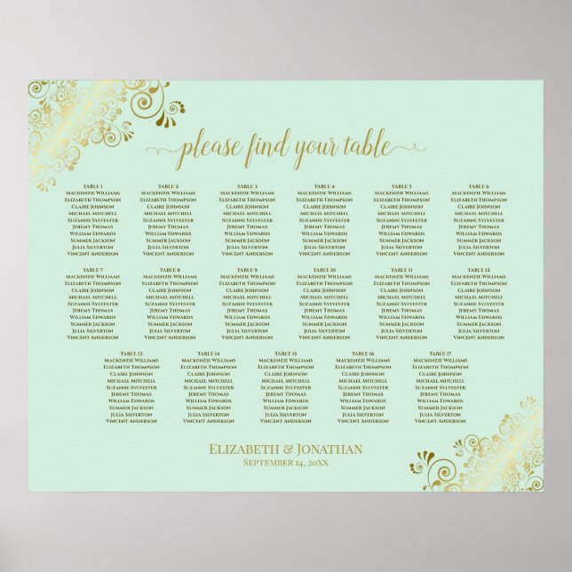 17 Table Mint Green & Gold Wedding Seating Chart (Front)