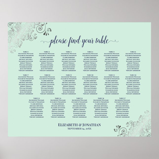 17 Table Mint Green & Navy Wedding Seating Chart (Front)