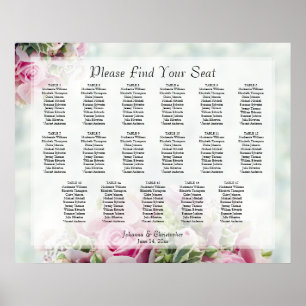 17 Table Pink Roses Wedding Seating Chart