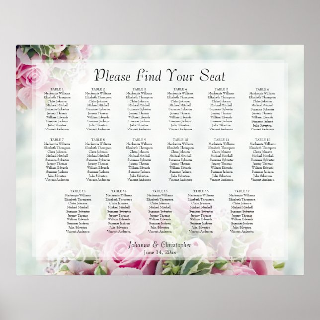 17 Table Pink Roses Wedding Seating Chart (Front)