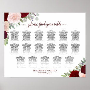 17 Table Red & Pink Floral Wedding Seating Chart